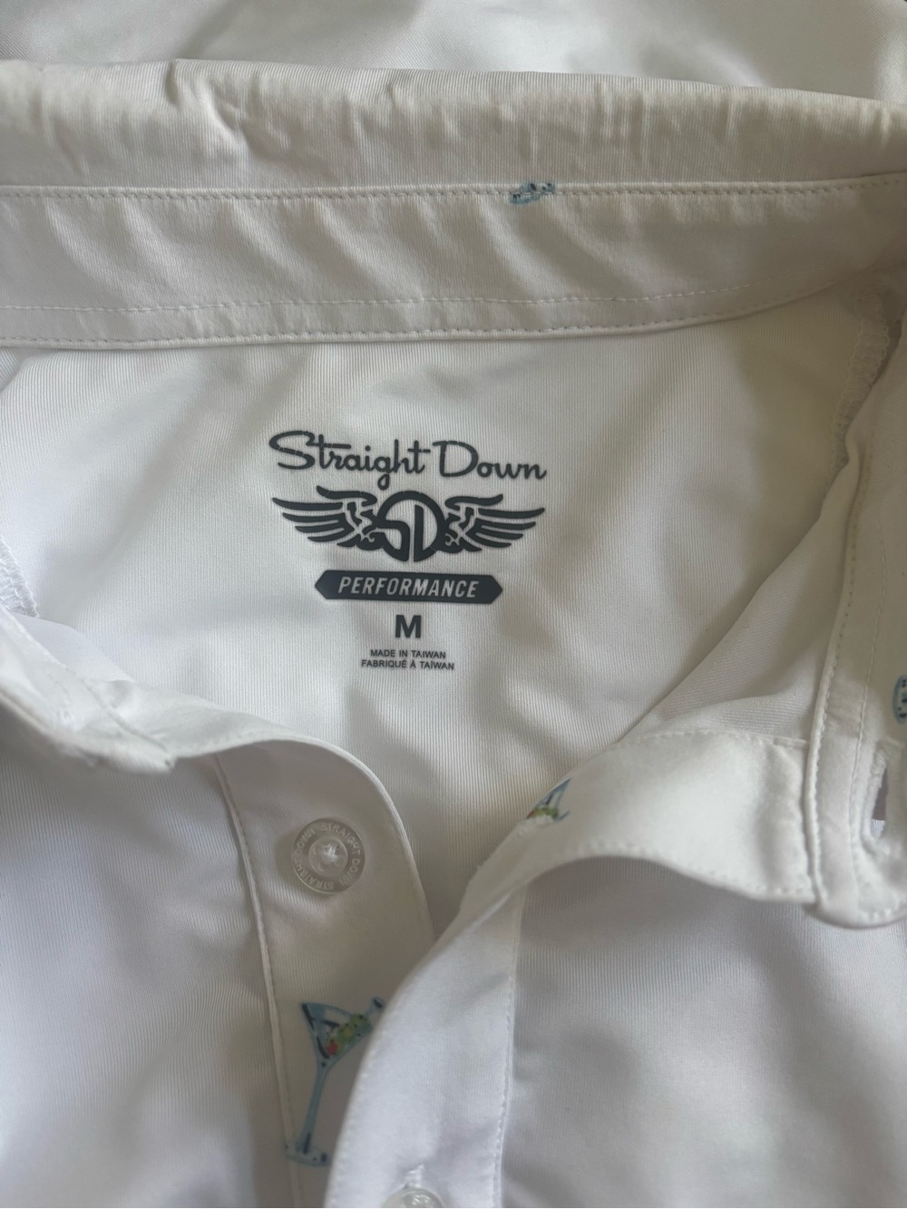 Straight Down Men’s White Performance Polo medium Jekyll Island Club martinis